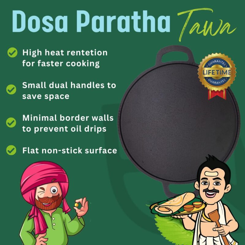 Earthfit Cast Iron Dosa Tawa (12"/ 30 cm) is Perfect Choice for Making Dosa, Uthappam, Roti & Chapatis. The Pre Seasoned Dosa Tawa Design is Compatible with Gas Stove, Oven & Camp Fire - Image 4
