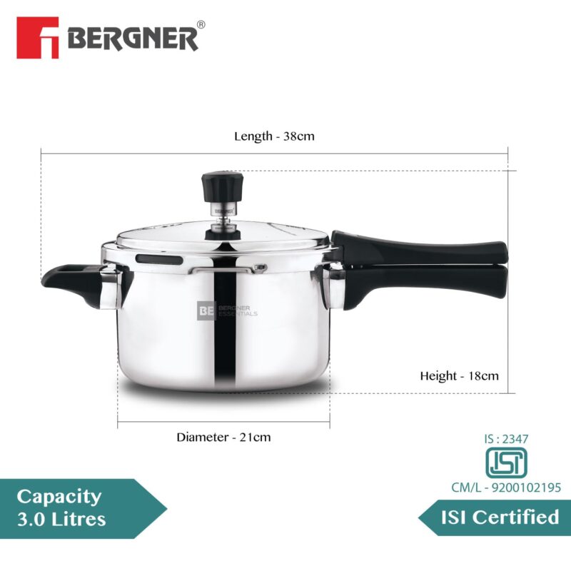 Bergner BE Bergner Essentials Tripro Triply Stainless Steel 3 Liters Outer Lid Pressure Cooker, Faster and Even Heating, Healthy Cooking, Easy to Clean, Full Induction Bottom and Gas Stove Ready - Image 6