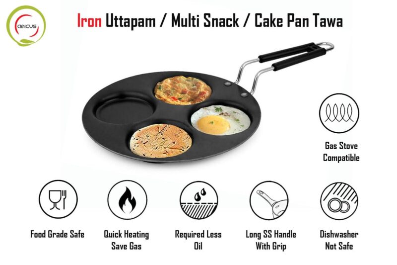 amicus Iron Uttapam Pan Multi Tawa 27 cm, 4 Cavity, Mini Crepe Pan for Snack, Pan Cake, Egg Omelette Maker Tawa,1.1 Kg, Black - Image 4