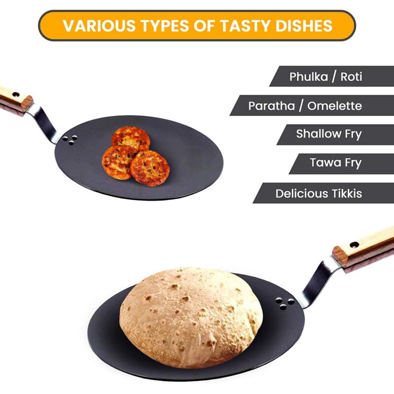 XL Kitchen Iron Concave Tawa 25 cm with Wooden Handle, Roti Tawa, Dosa Tawa - Image 2