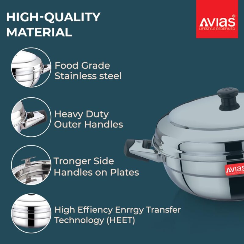 AVIAS All Rounder Premium Stainless Steel Induction Friendly Multipurpose Kadai, Kadhai Set with 6 Plates (1 Mini Idly Plate, 2 Big Idli Plates-14 Idlies, 2 Dhokla Plates, 1 Steamer Plate) - Image 8