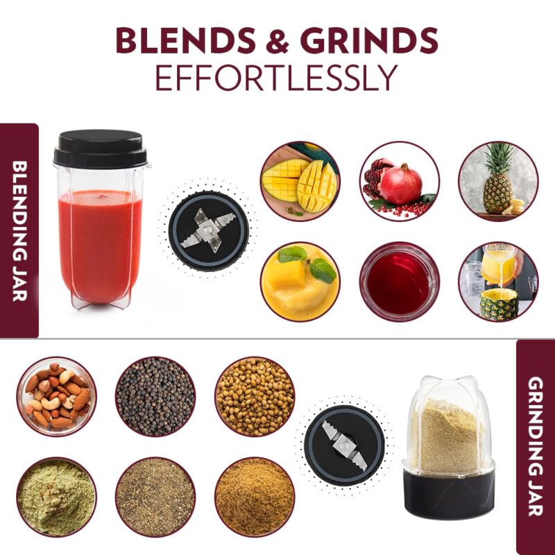 Borosil NutriFresh Portable Mini-Blender & Grinder, 500 ml Blending Jar, 300 ml Chutney Jar, For Blending Smoothies & Chutneys, Dry Grinding Spices, Black, 400 W - Image 6