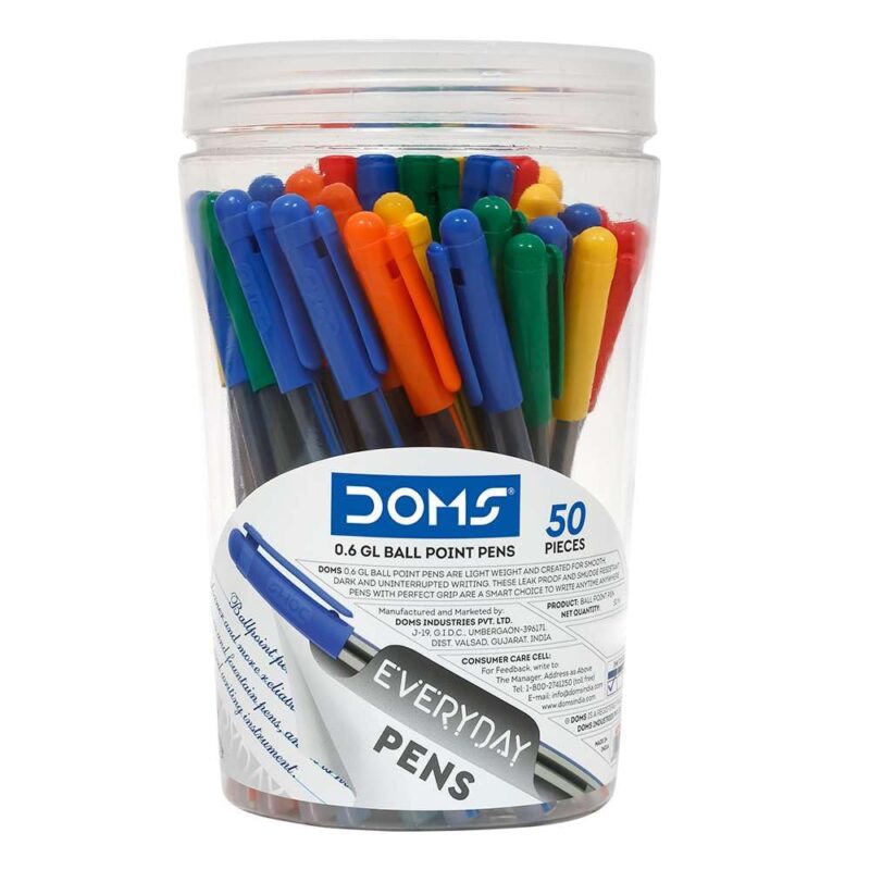 Doms Everyday GL Ball Point Pen Jar Pack | Tip Size 0.6 MM | Light Weight With Leak Poof | Comfotable Grip For Smudge Free Writing | Blue Ink, Pack Of 50 Pens