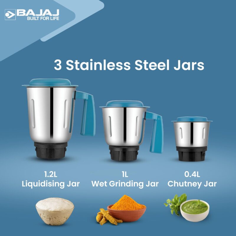 Bajaj Rex Dlx Mixer Grinder 750 Watts Mixie For Kitchen With Nutri-Pro Feature|4 Stainless Steel Mixer Jars|Multifunctional Blade Dry & Wet Grinding Overload Protector|1-Yr Warranty|White/Blue - Image 6