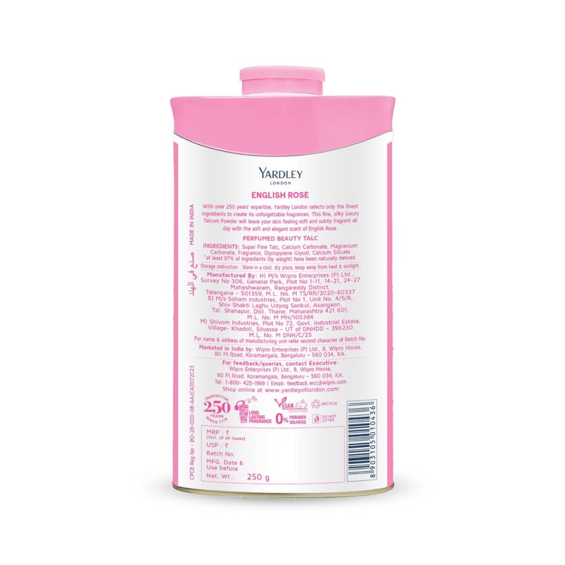 4x Yardley London English Rose Perfumed Talc| Fragrant Beauty Talc for Women| Smooth texture| 250g each - Pack of 4 - Image 5