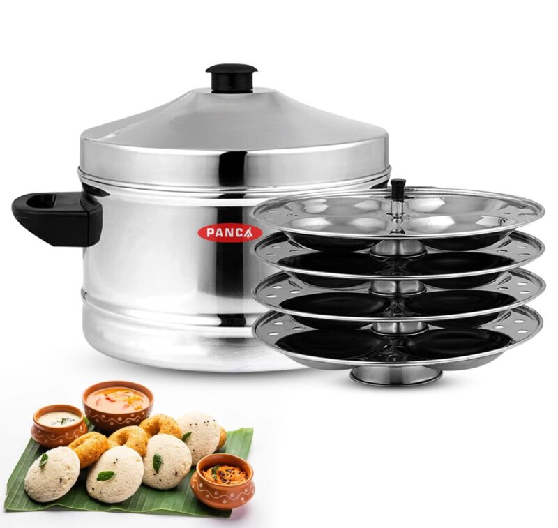 PANCA Stainless Steel Idli Cooker, 4 Plates Idli Maker With Whistle (16 Idli, Pack of 1)