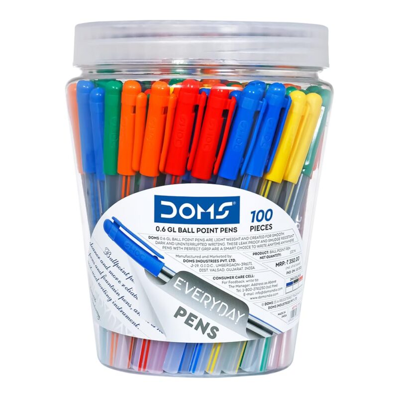 Doms Everyday GL Ball Point Pen Jar Pack | Tip Size 0.6 MM | Light Weight With Leak Poof | Comfotable Grip For Smudge Free Writing | Blue Ink, Pack Of 100 Pens