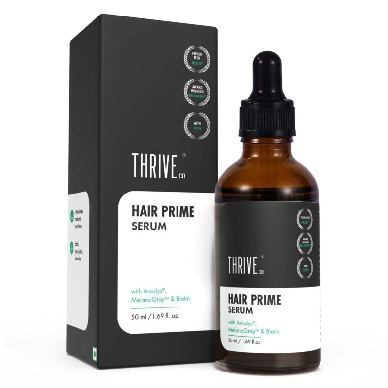 ThriveCo Anti-Grey Hair Prime Serum | Reverses & Limits Hair Greying | Arcolys + Biotin + Black Tea Extract | Light-Weight, Non-Sticky & Odourless | For Men and Women | 50 Ml