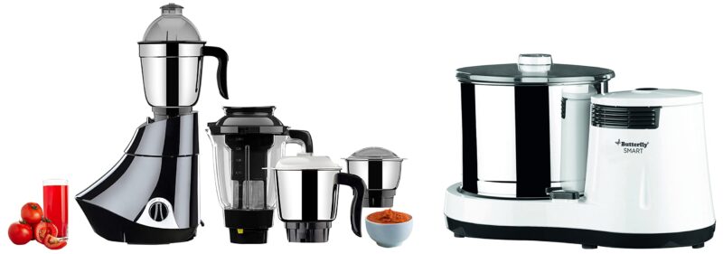Butterfly Smart 750-Watt Mixer Grinder with 4 Jar (Grey) & Smart 150-Watt Table Top Wet Grinder with Coconut Scrapper Attachment (White) Combo