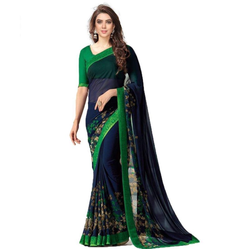 Rajeshwar Fashion Women's Georgette Saree Printed Saree With Blouse Piece (NEW,A15 Blue Green)