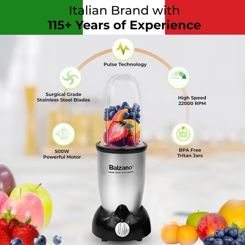 Balzano Bullet Mixer Grinder 500W, 5 Years Motor Warranty, 3 Jars, 2 Blades, 2 Lids, Italian Premium Brand, Pulse Function, Blender for Smoothies and Juices/Smoothie Maker - Image 5