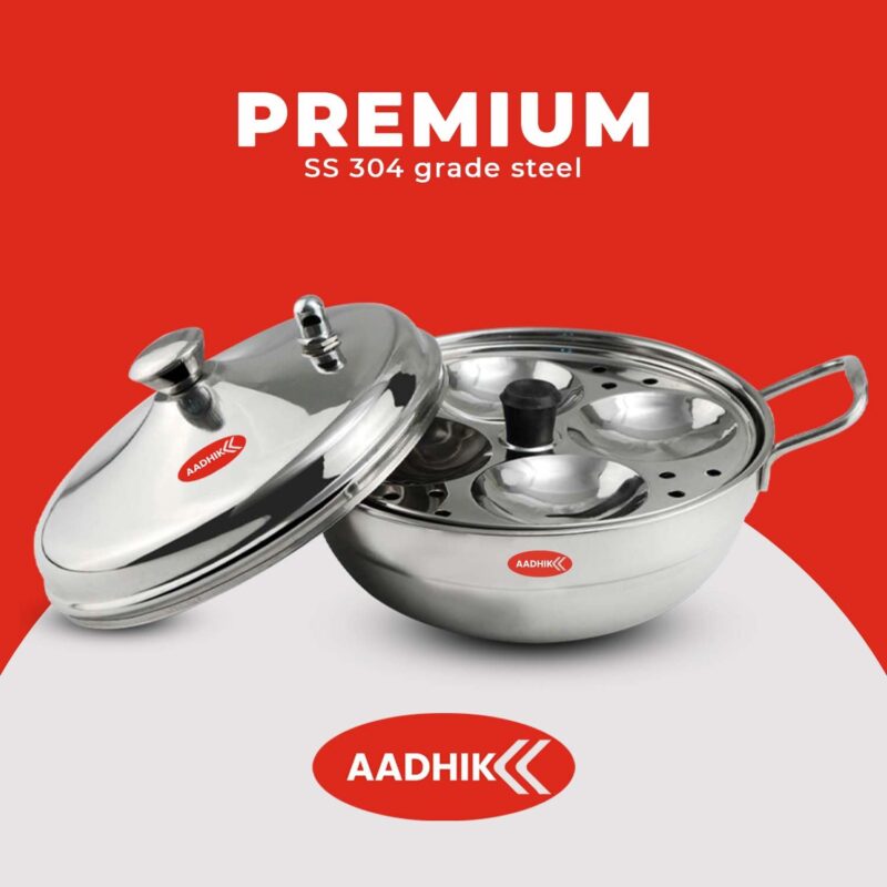Aadhik Stainless Steel Multi Purpose Kadai with Steel Lid, Idli Maker 2 Idli Plate 8 Cavity Idli Cooker Stainless Steel Idly Pot with Steamer, Silver - Image 3