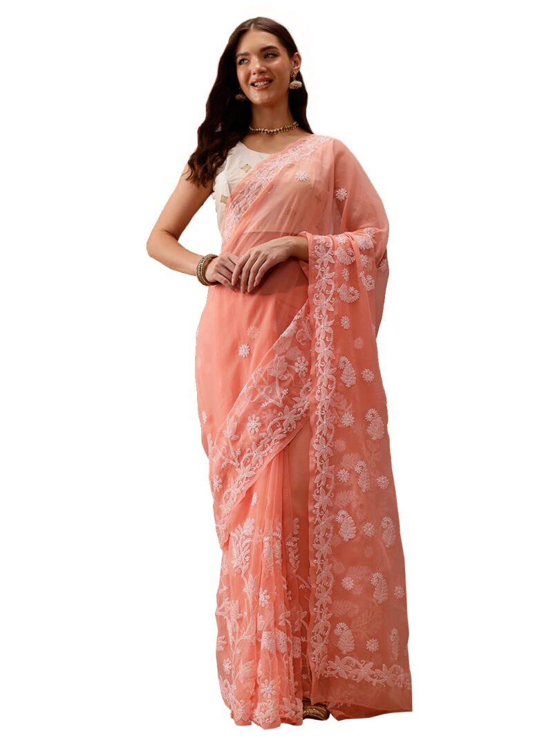 Ada Latest Chikan Peach Georgette Fancy Saree Blouse With Designer Embroidered Motifs A130092