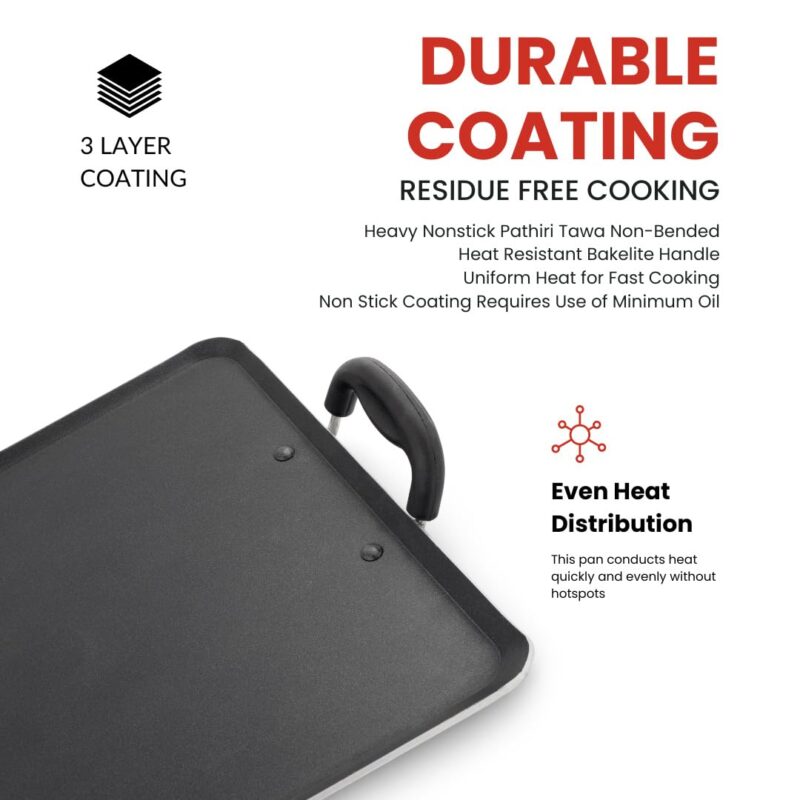 Blueberry's Nonstick Tawa, Dosa Roti Chapati Pathiri Tawa, Large Rectangular Aluminium Body, 38cm x 33cm with 4mm Thickness -Black (Pathiri Tawa) - Image 6