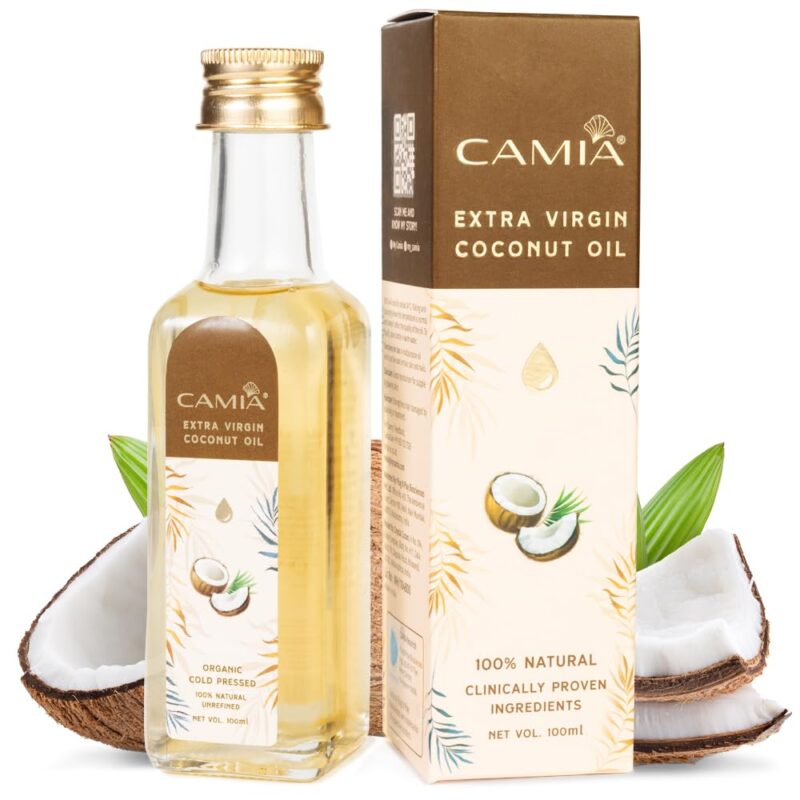 CAMIA Premium Coconut Oil for Skin & Hair | Cold Pressed & Organic Coconut Oil | 100% Pure, Natural, Undiluted, Unrefined Hair Oil | Ideal for Skiin & Hair | Free From Chemicals | 100 ML Glass Bottle