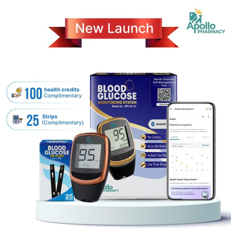 (New Launch) Apollo Smart Glucometer With Complimentary 25 Strips + App, Bluetooth Enabled, Access to Diabetes Self Management Tool with Doctor Chat Assist Plan, Complimentary Apollo Circle membership, Complimentary 100 Health Credits, Lifetime Warranty,