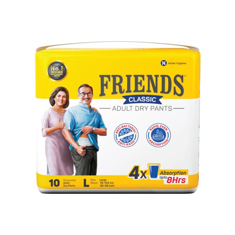 Friends Classic Adult Diapers Pants Style - 10 Count (Large) with odour lock and Anti-Bacterial Absorbent Core- Waist Size 30-56 inch ; 76-142cm