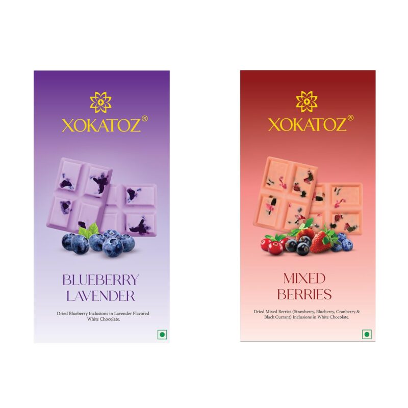 XOKATOZ Exotic Premium Chocolate - 1 Mixed Berries and 1 Blueberry Lavender Flavours - Flavoured White Chocolate Bars - Gift set - Pack of 2, 150g (75g x 2)