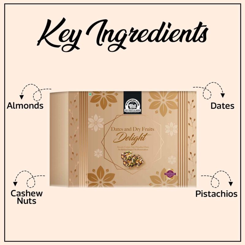 Wonderland Foods 350g Premium Dates And Dry Fruits Delight Box | Dry Fruits And Dates Bites | Made With Dates, Pistachios, Cashews, Almonds, Honey And Pure Ghee - Image 6