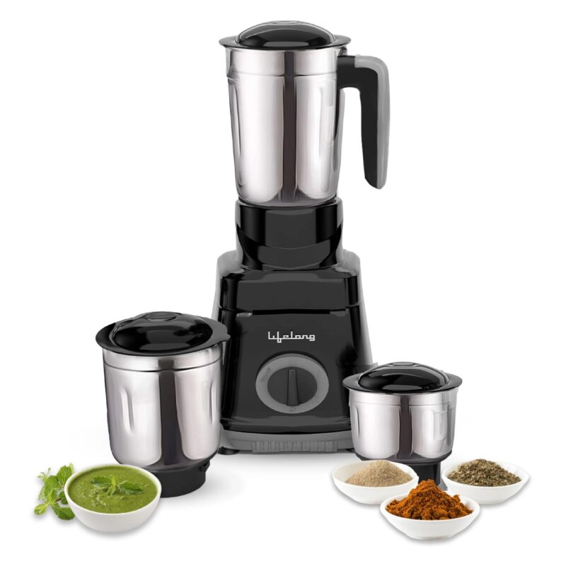 Lifelong LLMG76 750 Watt Mixer Grinder|3 Jars (Liquidizing, Wet Grinding and Chutney Jar)| Stainless Steel blades| 3-Speed & Pulse Function| Anti-Skid Feet| 1 Year Warranty (Black)