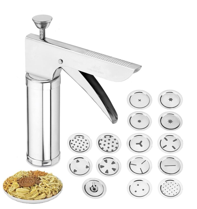Stainless Steel Kitchen Press with Different Types of Jalies, Murukku Maker/Bhujiya Maker/Noodles/Cookies/Namkeen/Chakali Maker/Sev Maker/Farsan Maker/Gathiya Maker