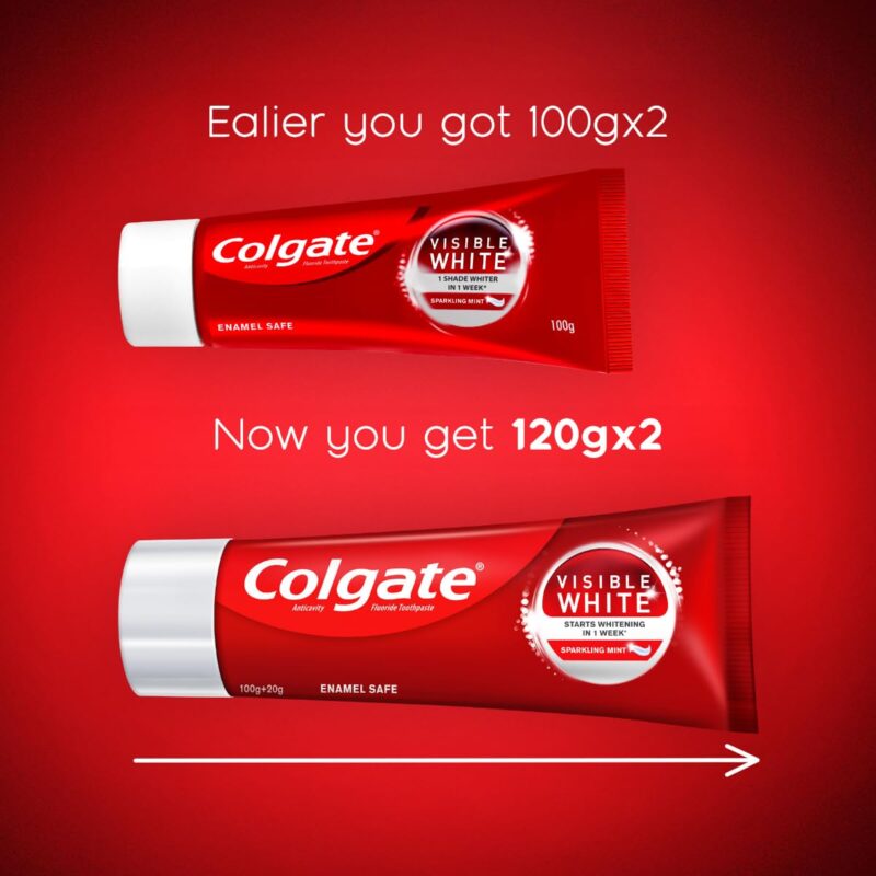 Colgate Visible White Toothpaste, Teeth Whitening Starts in 1 week, Safe on Enamel, Stain Removal Tooth Paste and Minty Flavour for Fresh Breath (200g + 40g, Combo Pack) - Image 10