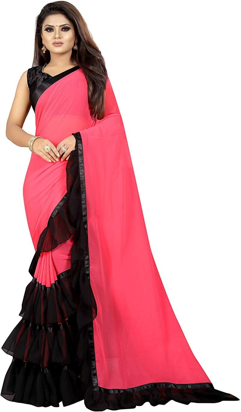 Market Magic World Women's Georgette Saree (Combinationruffle_Gajri-Black_Free Size_Gajri Black)