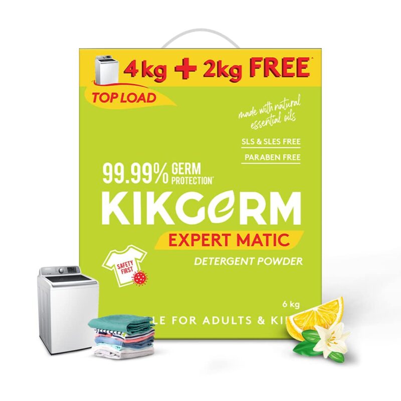 Kikgerm Plant Based Top Load Laundry Detergent Powder - Natural, Eco-friendly, Non-toxic, Chemical-free, Biodegradable - Skin Safe, Pet Safe - Tough Stain Remover - 4 Kg + 2 Kg (6 Kg)