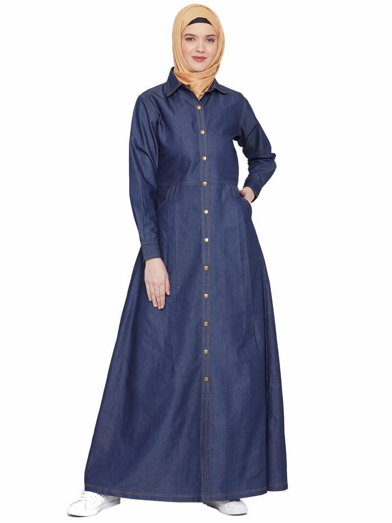 Momin Libas Blue Denim Front Open Pocket Abaya Burqa