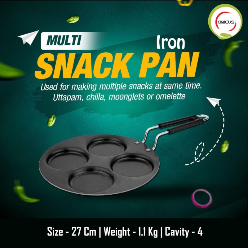 amicus Iron Uttapam Pan Multi Tawa 27 cm, 4 Cavity, Mini Crepe Pan for Snack, Pan Cake, Egg Omelette Maker Tawa,1.1 Kg, Black - Image 5