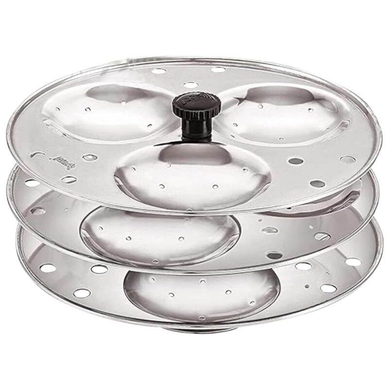 Blluex Stainless Steel Heavy Quality Idli Stand For 5 Liter above Cooker Idli Maker Makes 9 Medium Size Idlis At Once With Stand Kitchen Tool 3 Plates - Silver