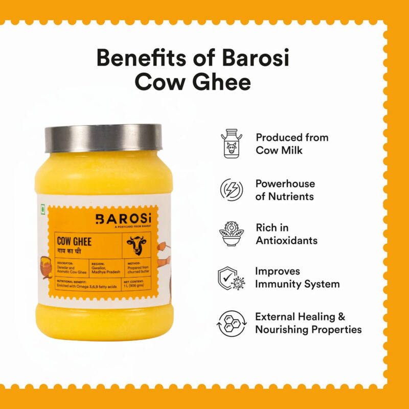 Barosi Premium Cow Ghee 1000 ml | 100% Pure | Danedar Texture | Rich In Good Fats And Antioxidants | Easy To Digest - Image 4