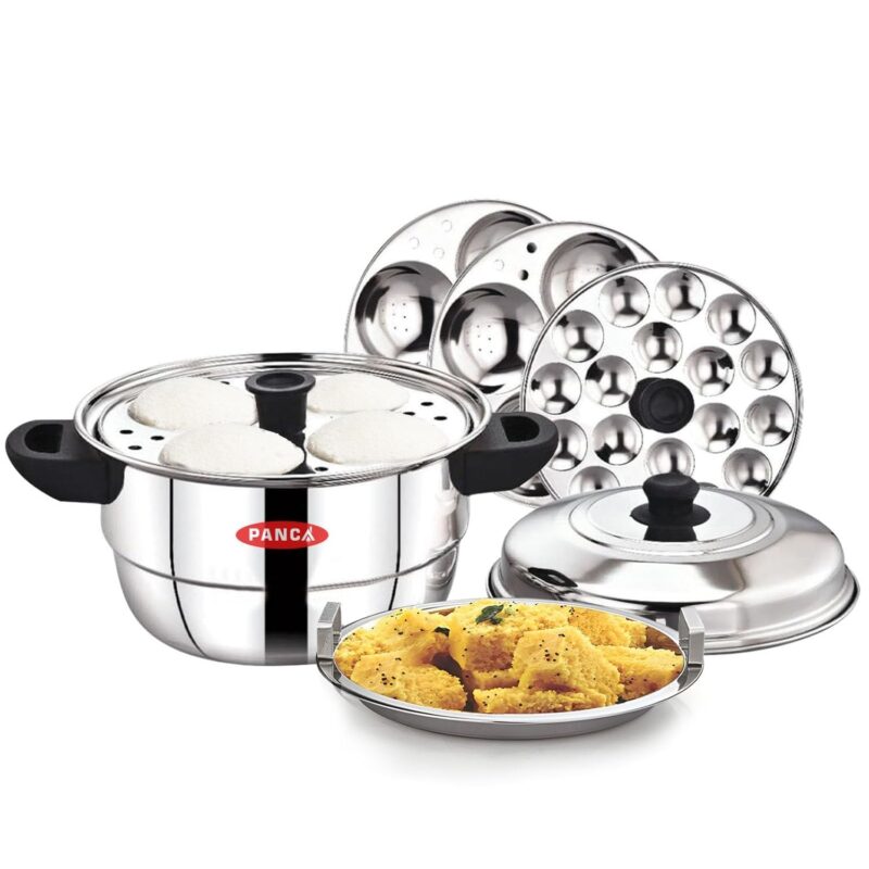 PANCA Idli Maker Stainless Steel Idli Cooker, Idli Steamer, Dhokla Maker and Mini Idli Plate, Idly Pot (Silver, 12 Idli 5 Plate Idli Kadai)