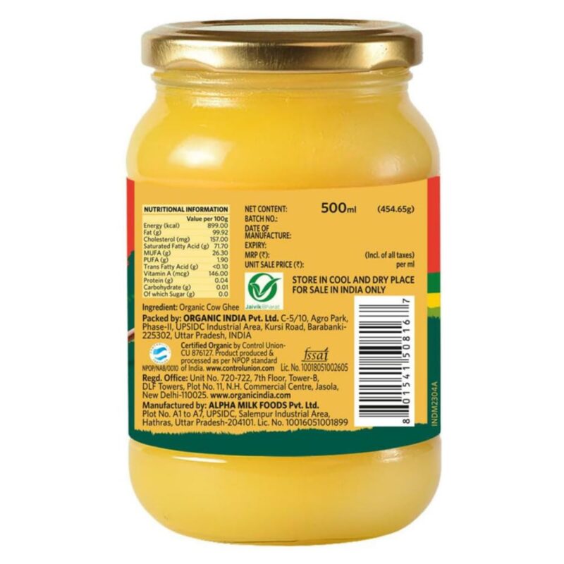 A TATA Product - Organic India Pure Cow Ghee, 500ml, Lab Tested on 600+ Parameters, Certified Organic, Glass Bottle, Sourced from Organically Fed Cows, Authentic Taste, Rich in Healthy Fat - Image 2