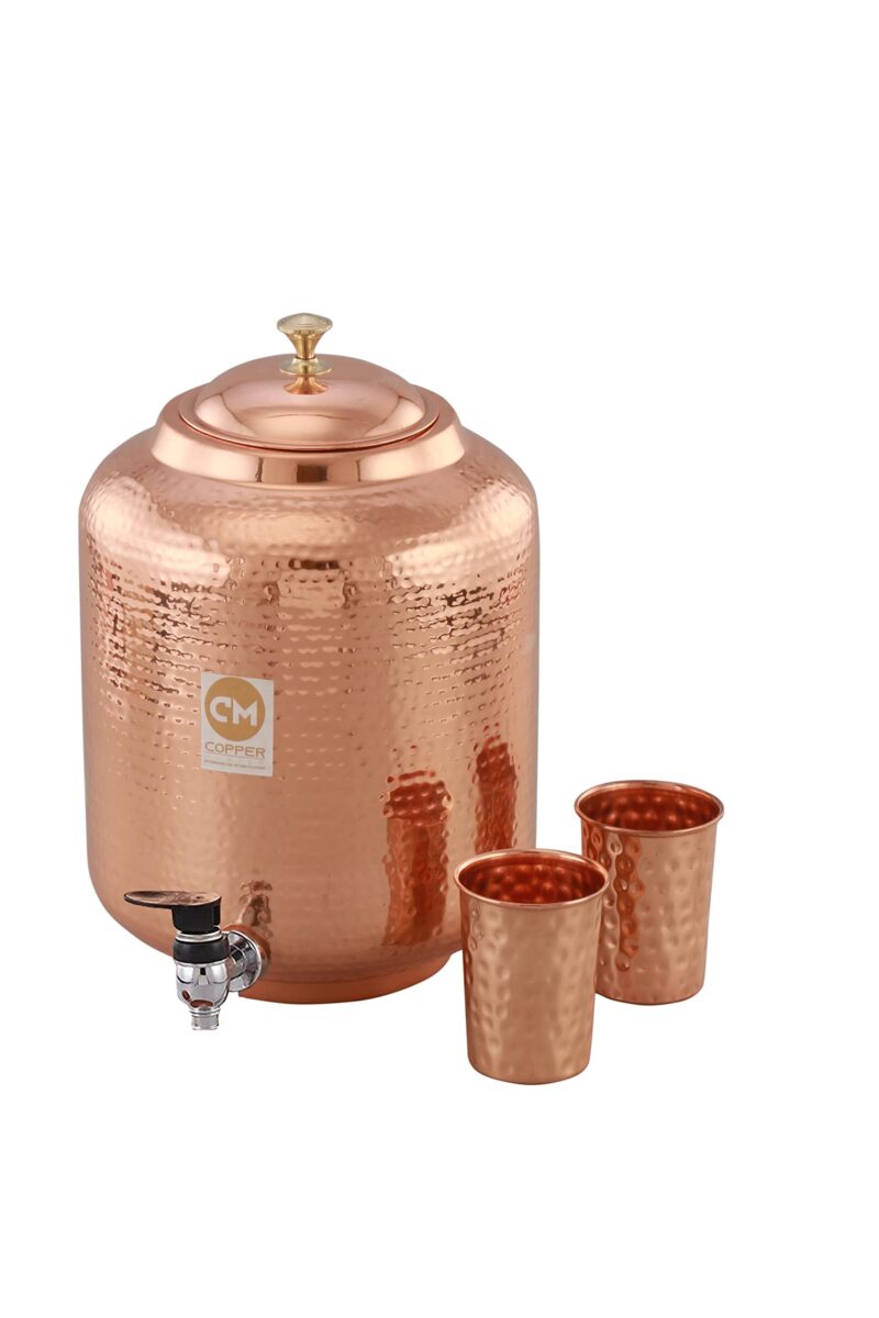 Copper-Master 5 Litre Pure Copper Hammered Water Dispenser (Matka) Container Pot with 2 Pure Copper Glasses Pure Copper and Ayurvedic Health Benefits (5000 ml + 600 ml)