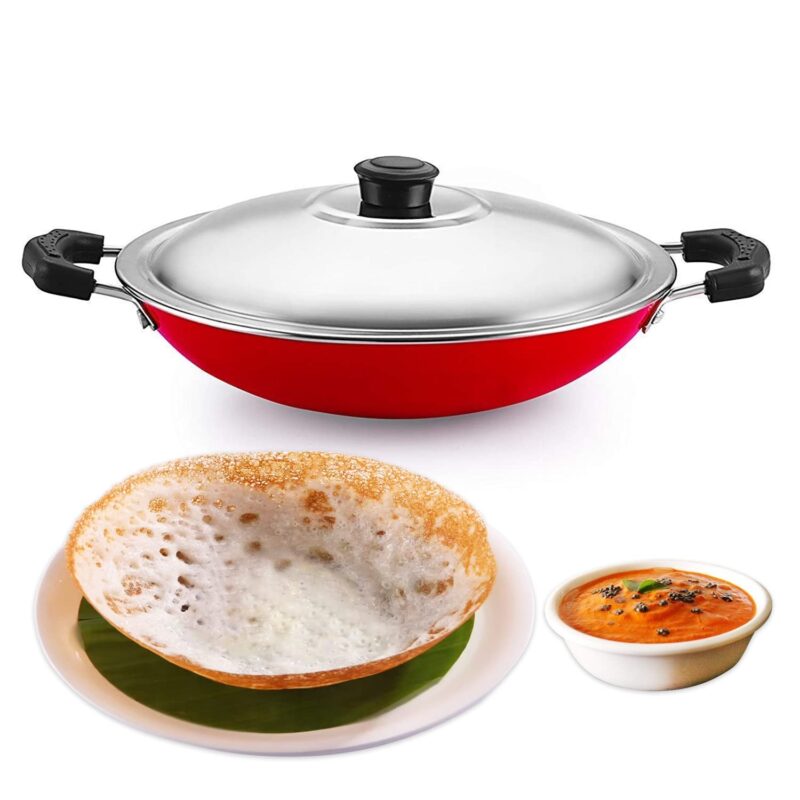 PANCA Non-Stick Aluminium Appachatti with Stainless Steel lid, 2.6mm, Red/Black, 23cm, Gas Compatible, Product Type, Has Nonstick Coating