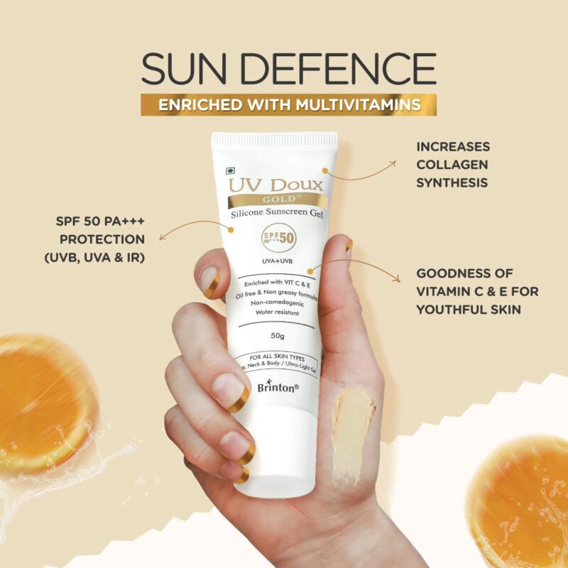 Brinton UV Doux Gold Silicone Sunscreen Gel SPF 50 pa+++ UVA/UVB With Broad Spectrum, Water Resistant Best SPF Sunscreen For Women, 50 g - Image 5