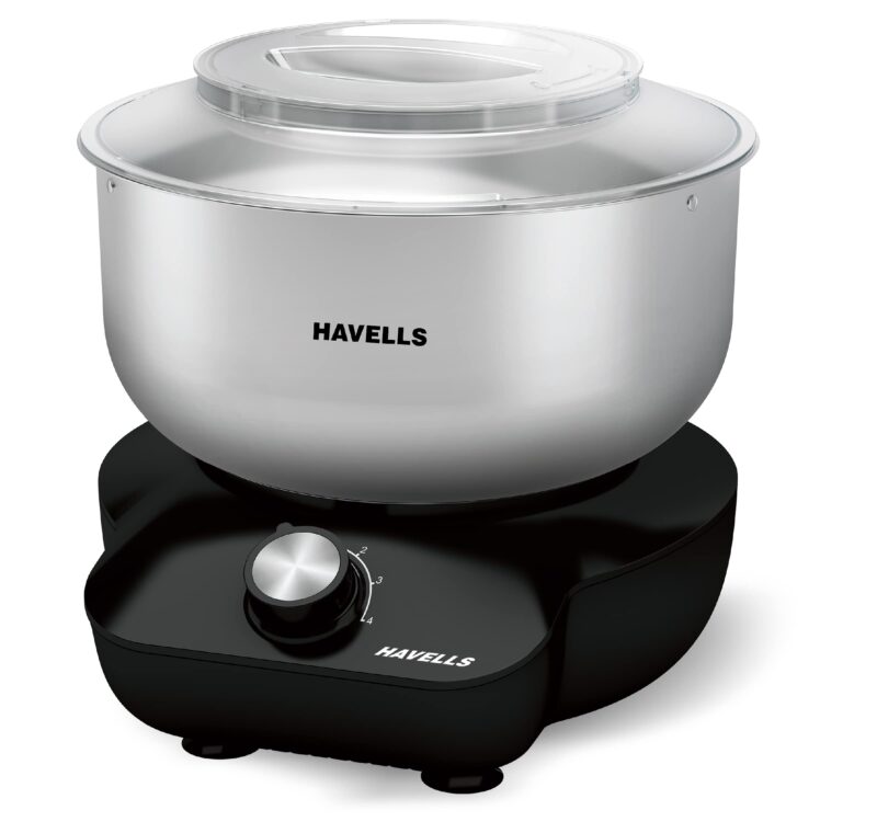 Havells Hygiene Grande Atta Kneader Dough Maker with 5L SS Bowl, Up to 1 KG Dough Maker, 4 Speed, Aluminium Dough Hook, Transparent Anti Splatter Lid with Lock, Hands Free Operation, 2 Yr Warranty