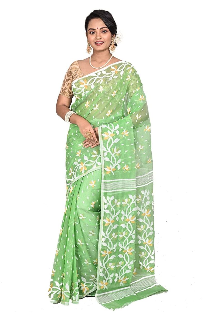 OISHANI SAREE GHOR Women's Traditional Bengal Silk Dhakai Jamdani Green Saree, (OSG_Green_109)