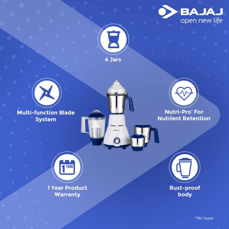 Bajaj Rex Mixer Grinder 750W|4 Mixer Jars|Mixie for Kitchen with Nutri-Pro Feature|Titan Motor-Heavy Duty Grinding|Adjustable Speed Control|Multifunctional Blade System|1 Yr Warranty By Bajaj|White - Image 8