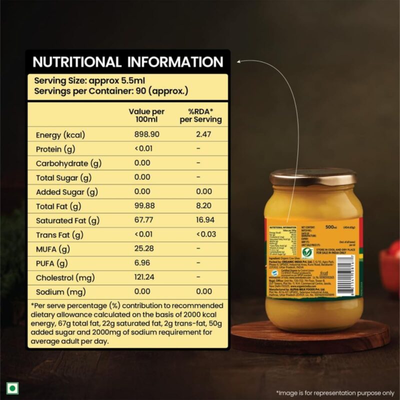 A TATA Product - Organic India Pure Cow Ghee, 500ml, Lab Tested on 600+ Parameters, Certified Organic, Glass Bottle, Sourced from Organically Fed Cows, Authentic Taste, Rich in Healthy Fat - Image 3