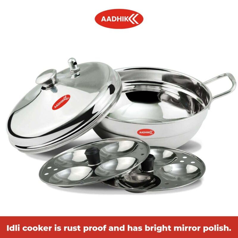 Aadhik Stainless Steel Multi Purpose Kadai with Steel Lid, Idli Maker 2 Idli Plate 8 Cavity Idli Cooker Stainless Steel Idly Pot with Steamer, Silver - Image 7