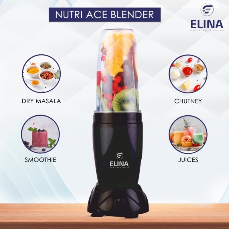 ELINA Nutri ACE Mixer Grinder, Blender | Powerful 450-watt Copper Motor with high 20000 RPM | Unbreakable Transparent Jars | Stainless Steel Blades | Smoothies, Shake, Chutney | Black - Image 2