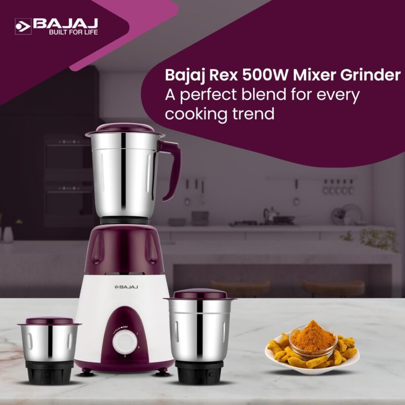 Bajaj Rex Mixer Grinder 500W|Mixie For Kitchen With Nutri-Pro Features|3 SS Mixer Jars For Heavy Duty Grinding|Adjustable Speed Control|Multifunctional Blade System|2 Year Warranty By Bajaj|Purple - Image 6