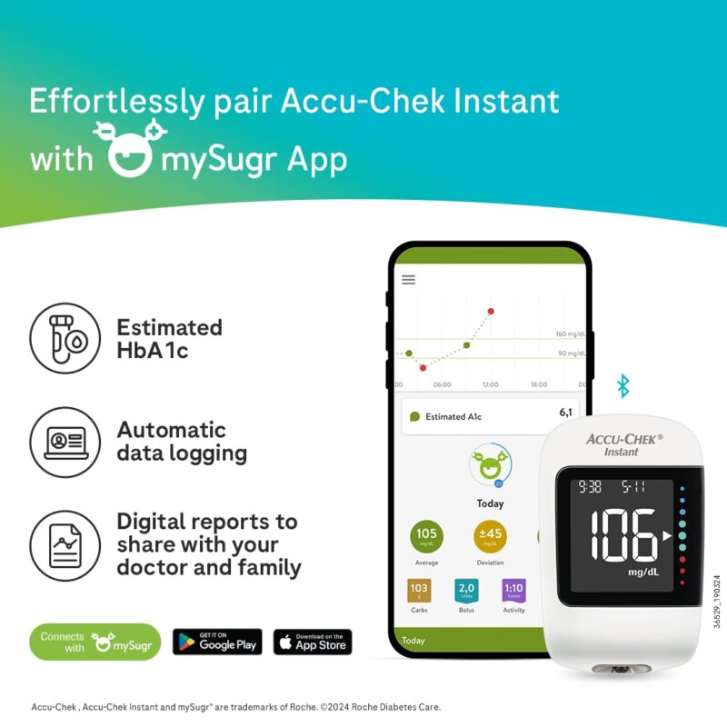 Accu-Chek Instant Blood Glucose Glucometer (with Bluetooth) with Vial of 10 Strips, 10 Lancets and a Lancing Device FREE for Accurate Blood Sugar Testing - Image 2