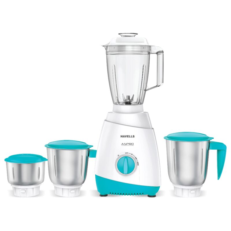 Havells Aspro 4 Jar 500 watt Mixer Grinder with 1.75Ltr Polycarbonate Jar with Fruit Filter, 21000 RPM, Overload Protector, 2 Yr Product & 5 Yr Motor Warranty (White and Light Blue)