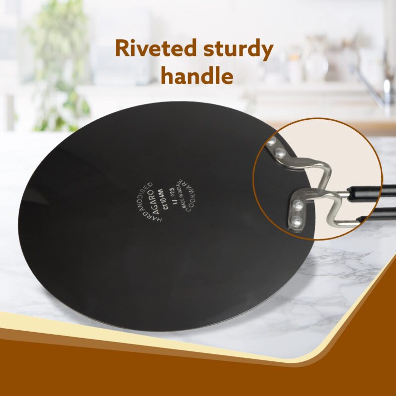 AGARO Elite Hard Anodised Tawa for Kitchen, 25 cm Diameter Tawa for Roti, Chapati, Paratha, Riveted Handle, 4 mm Thick Base for Uniform Heating, Gas Oven Compatible, Cooking, Cookware - Image 4