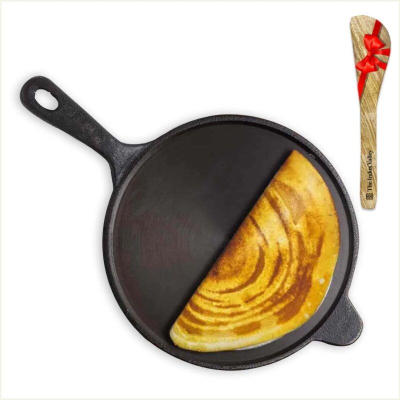 The Indus Valley Super Smooth Cast Iron Tawa with Free Wooden Spatula for Dosa/Chapathi | 25.4cm/10 inch, 1.8kg | Induction Friendly | Naturally Nonstick, 100% Pure & Toxin-Free, No Chemical Coating