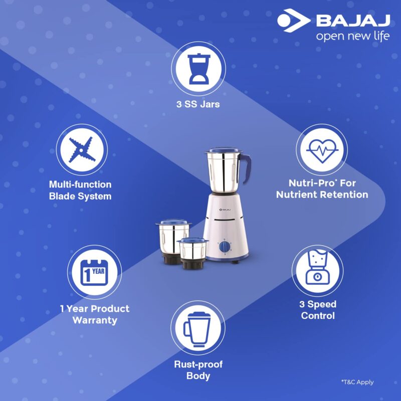 Bajaj Pluto Mixer Grinder 500W |Mixie For Kitchen With Nutri-Pro Feature|3- Speed Control|Motor Overload Protection|Rust Resistant|Stainless Steel Blades |1 year Warranty By Bajaj|White - Image 3