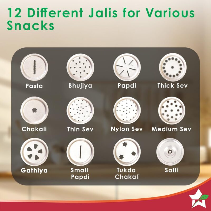 Wonderchef Snacks Maker with 12 Different jalis, Stainless Steel Plates for Making Sev, Bhujiya, Papdi, Gathiya, Murukku, Chakli, Kitchen Tool for Making Namkeen Snacks, Farsan Maker - Image 6
